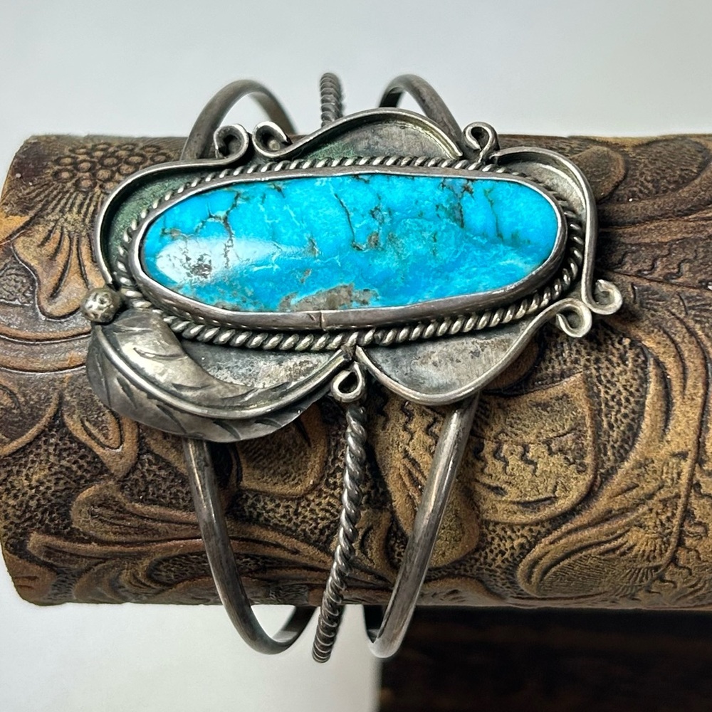 Native Sterling Silver Large Chunky Turquoise Stone Cuff Bracelet Navajo